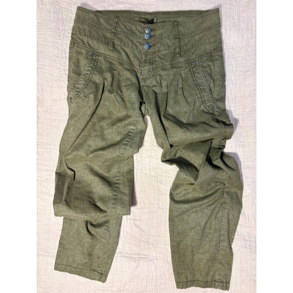 Prana Olive Green Linen Blend High Waisted Triple Button Crop Pants Size 8